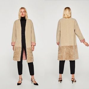 Zara Basic Outerwear Beige Mid Length Shearling Faux Fur Open Front Coat